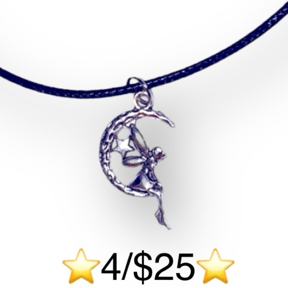 Fairy on Crescent Moon Silver tone & Black Fairy Necklace